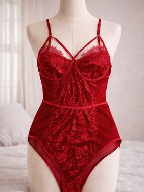 Red Lace Teddy Bodysuit XL Sheer Mesh Lingerie Adjustable Straps NWOT